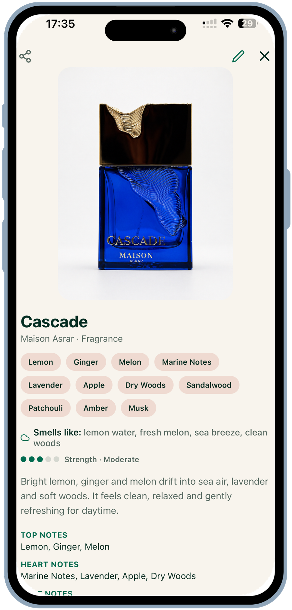 A fragrance detail card in ilé